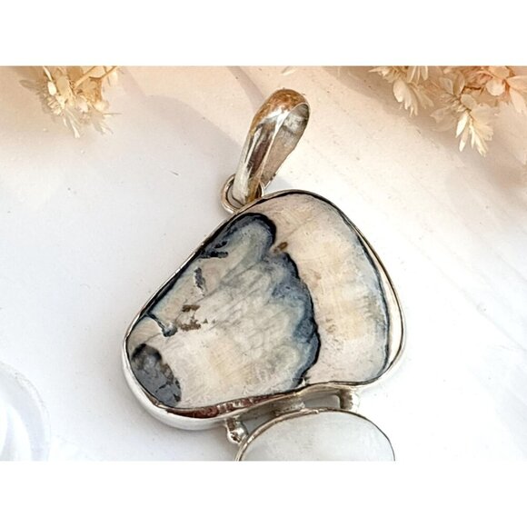 Agate, Mother of Pearl & Aquamarine Gemstone Sterling Silver 925 Vintage Pendant - Picture 5 of 10